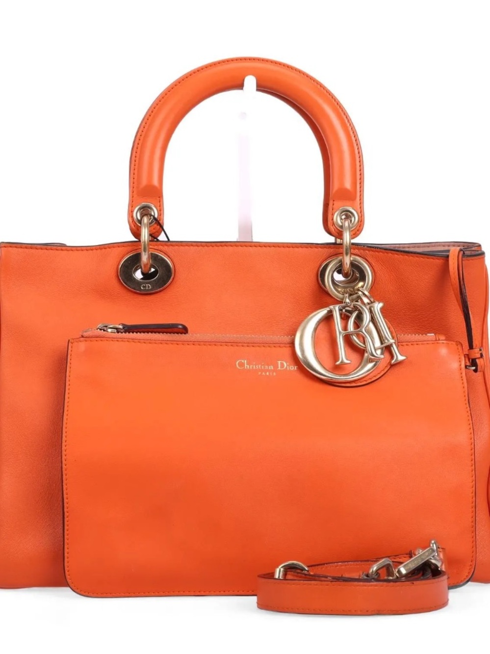Dior Orange Leather Satchel with Detachable Pouch and Gold Hardware